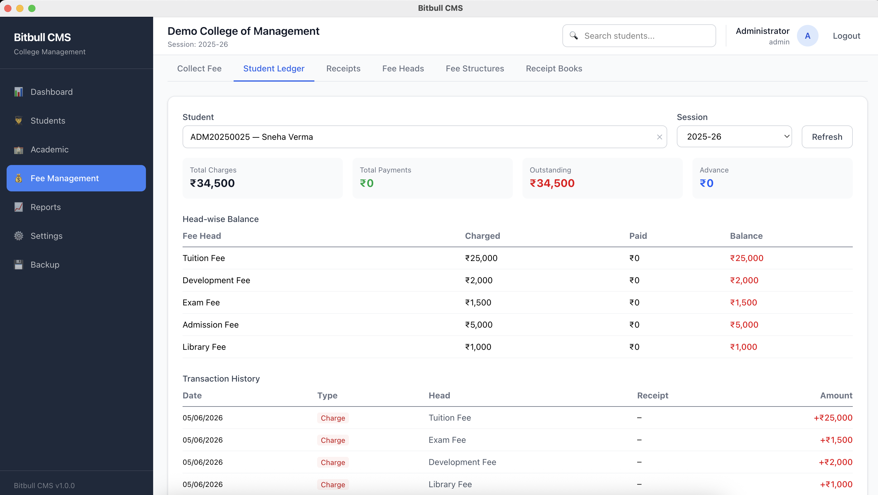 Bitbull CMS — Student Ledger