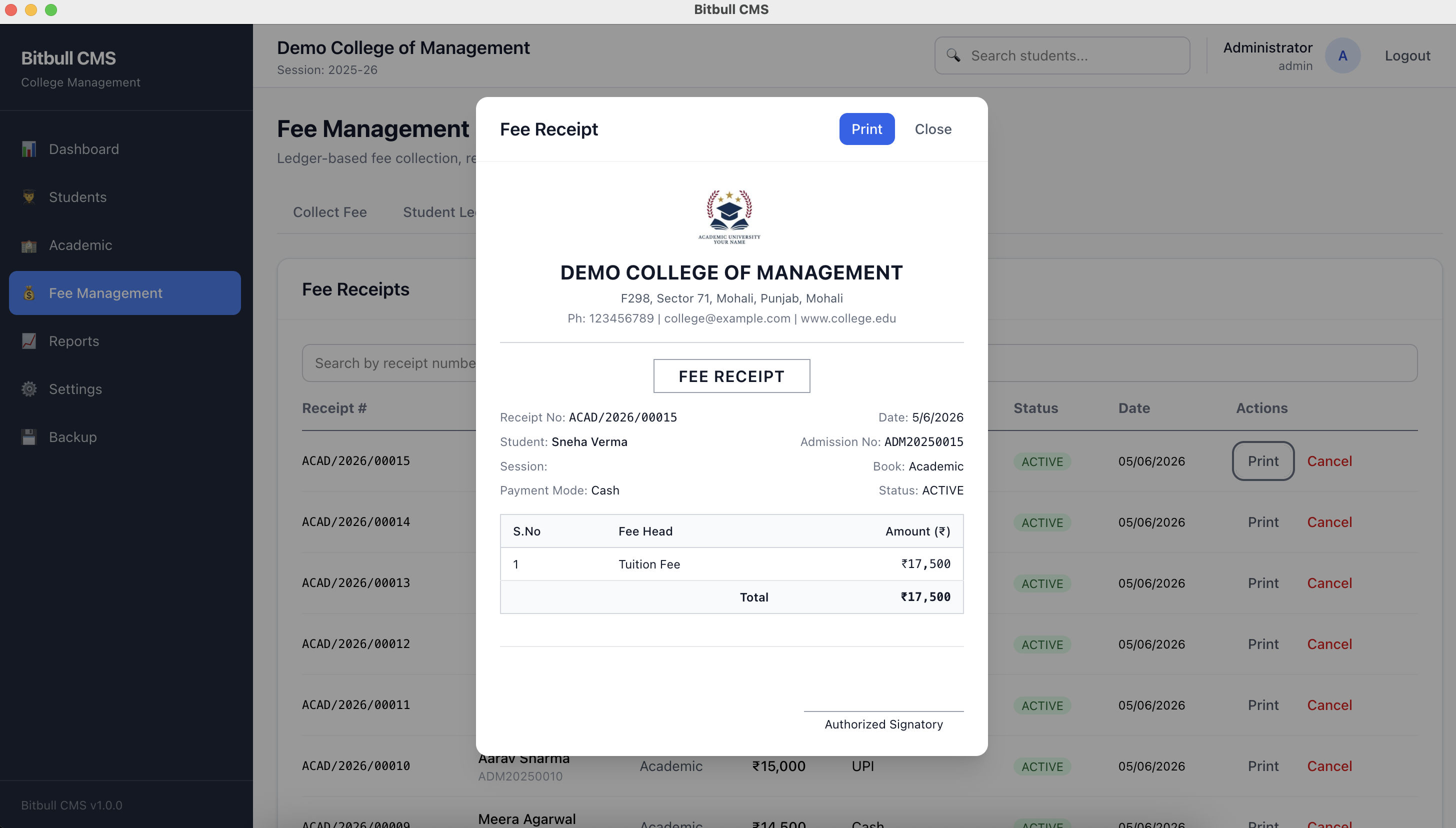 Bitbull CMS — Fee Receipts